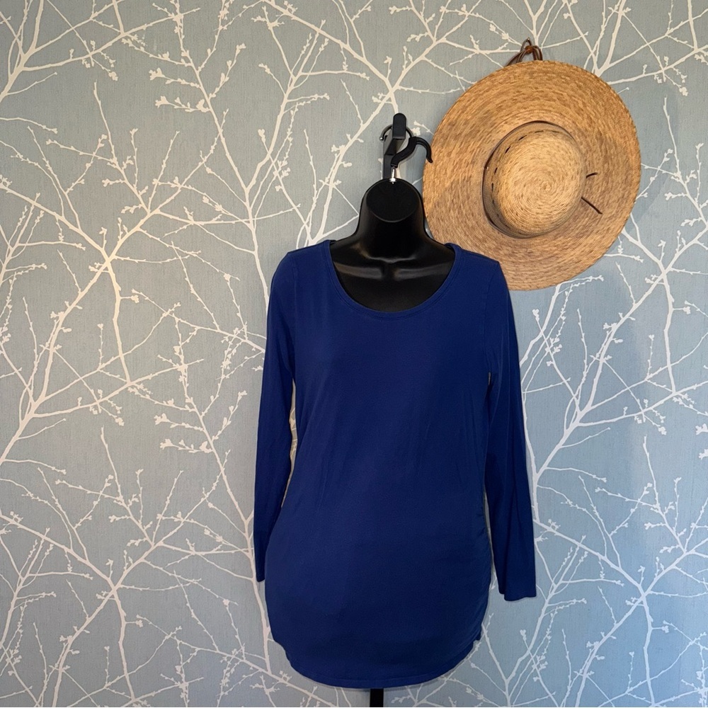 BumpStart Blue Long Sleeve Maternity Top Medium Soft Stretch Side Ruched Tee